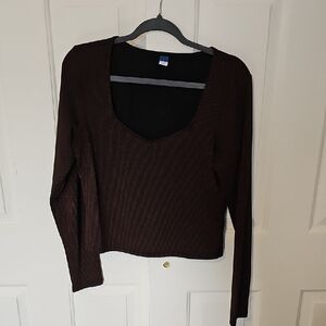 Old Navy Dark Maroon Ribbed Scoop Neck Long Sleeve Top